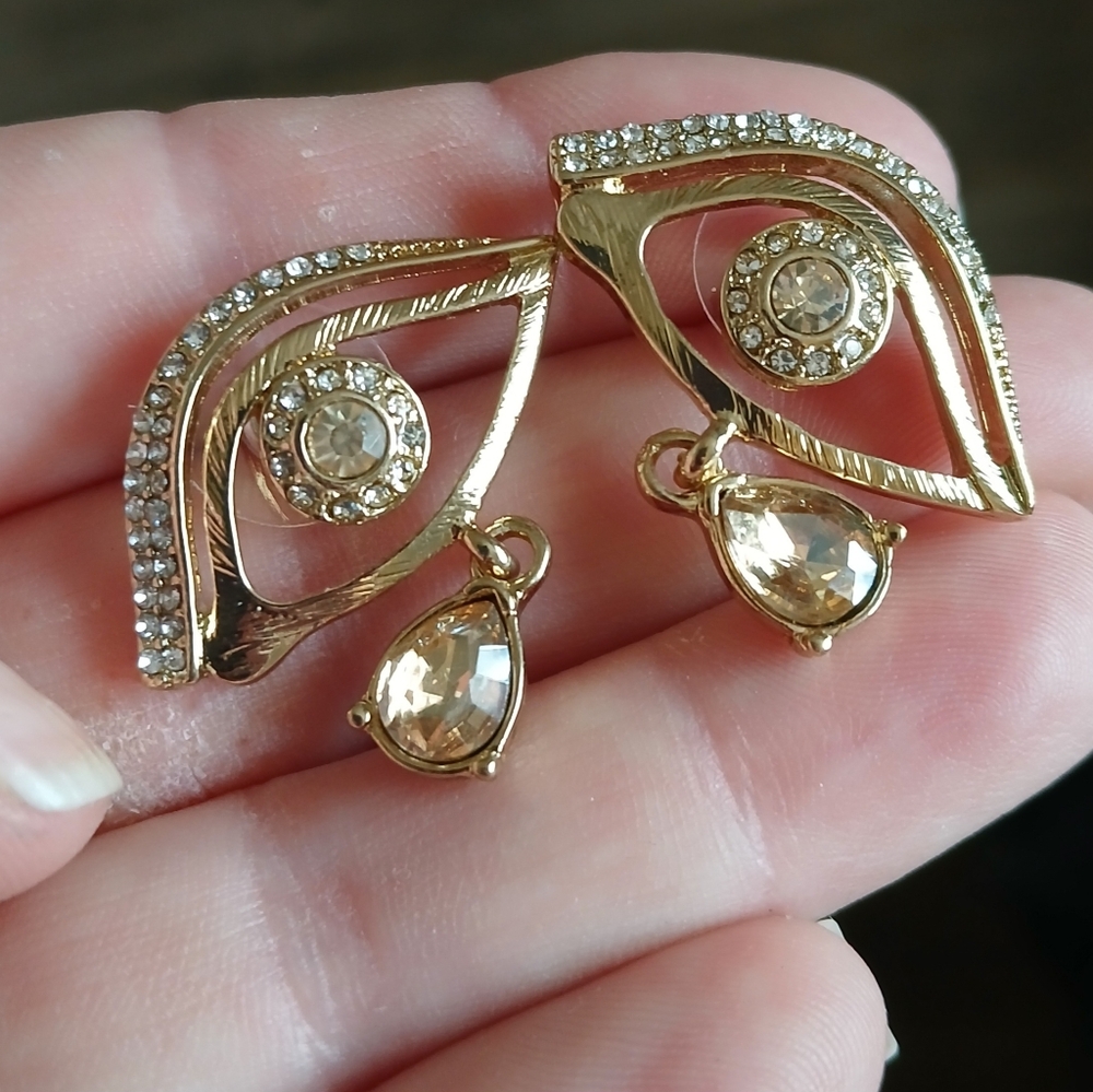 New Gold Tone Crystal Eye Teardrop Earrings. 